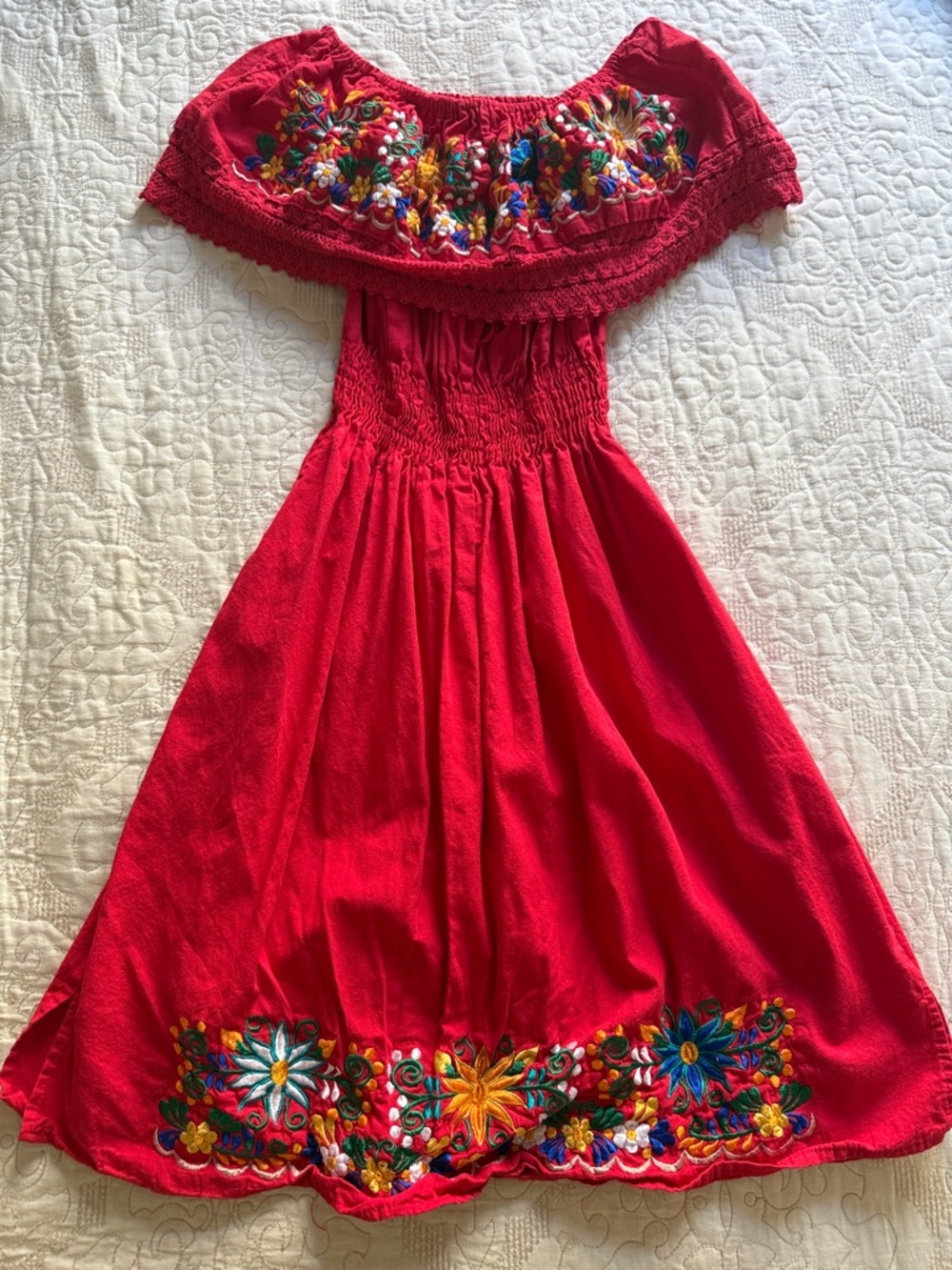 Red Off-Shoulder Embroidered Casual Dress